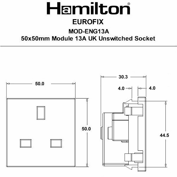 50x50mm Mod 13A UK Unswitch SKT BL
