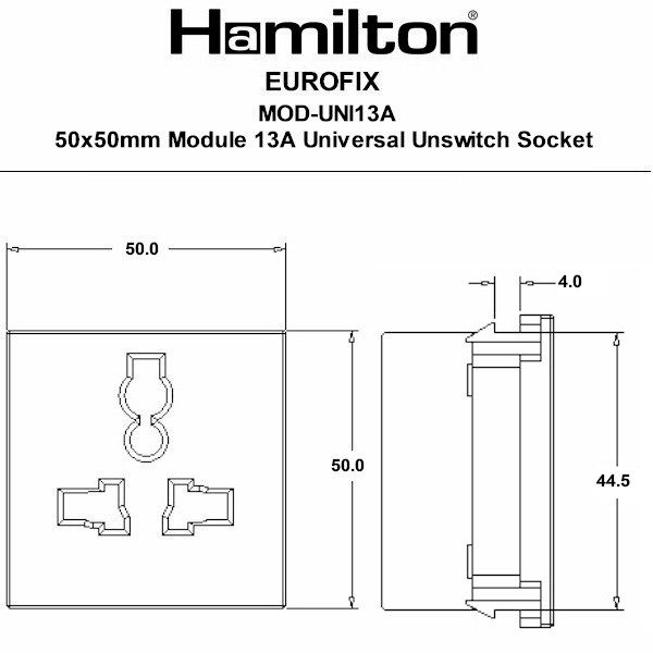 50x50mm Mod 16A Univer Unswitch SKT BL