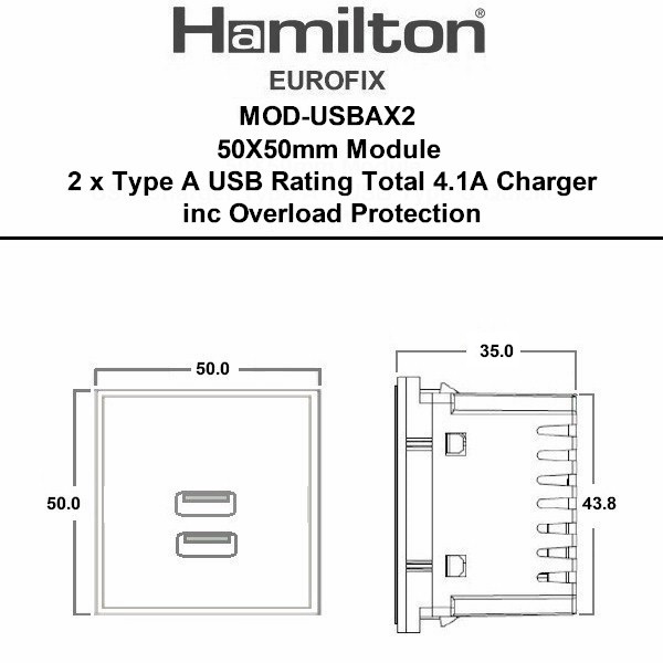 USBAx2 Charger 4.1A 50x50mm Modular BL