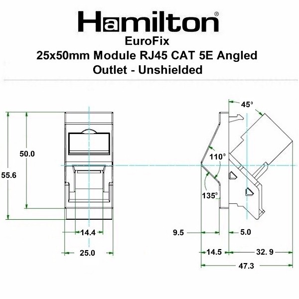 E/Fix RJ45 CAT5 Angled Ushield 25×50 BL