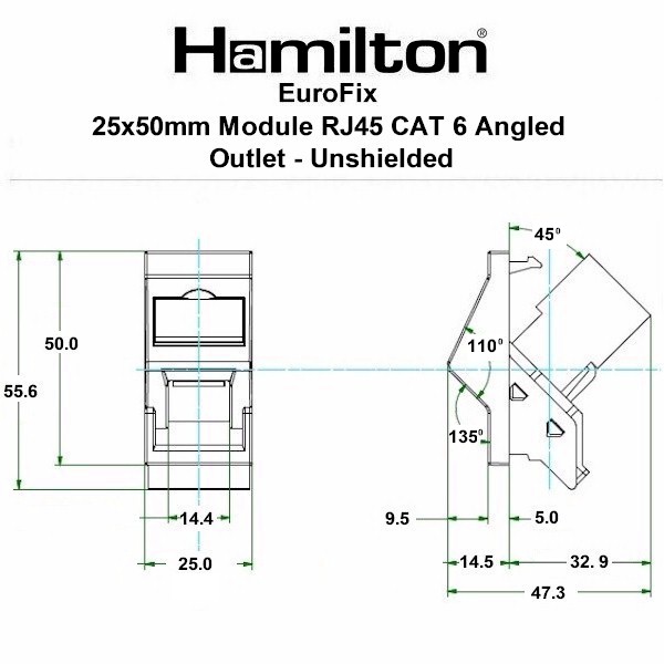 E/Fix RJ45 CAT6 Angled Ushield 25×50 BL