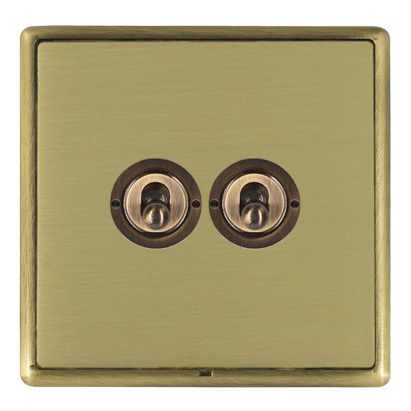 Linea-Rondo CFX Antique Brass Frame/Satin Brass Front 2 gang 20AX 2 Way Toggle Antique Brass