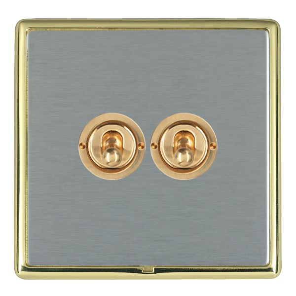 Linea-Rondo CFX Polished Brass Frame/Satin Steel Front 2 gang 20AX 2 Way Toggle Polished Brass