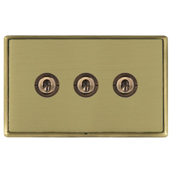 Linea-Rondo CFX Antique Brass Frame/Satin Brass Front 3 gang 20AX 2 Way Toggle Antique Brass