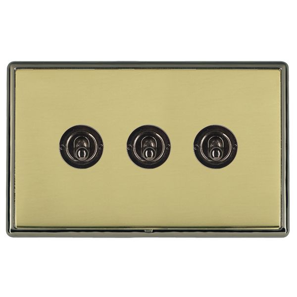 Linea-Rondo CFX Black Nickel Frame/Polished Brass Front 3 gang 20AX 2 Way Toggle Black Nickel