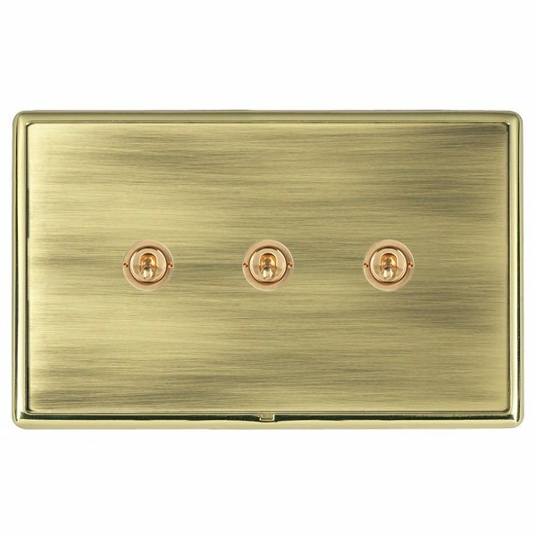 Linea-Rondo CFX Polished Brass Frame/Antique Brass Front 3 gang 20AX 2 Way Toggle Polished Brass