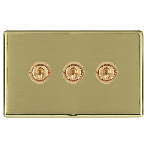 Linea-Rondo CFX Polished Brass Frame/Satin Brass Front 3 gang 20AX 2 Way Toggle Polished Brass