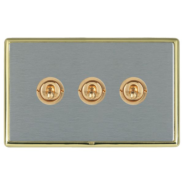 Linea-Rondo CFX Polished Brass Frame/Satin Steel Front 3 gang 20AX 2 Way Toggle Polished Brass