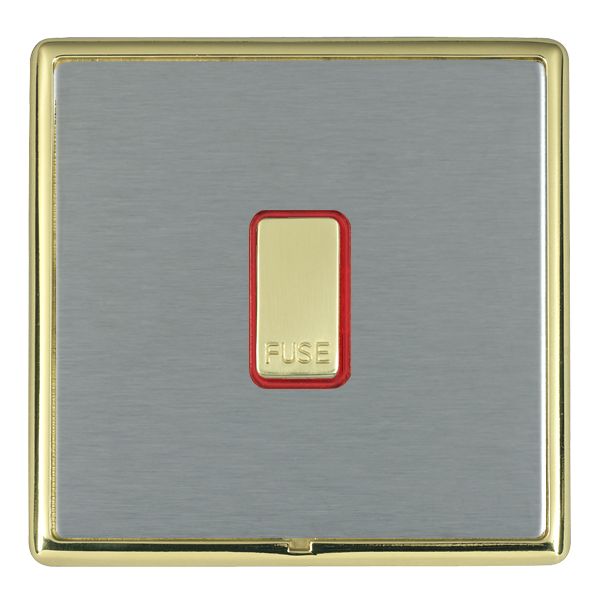 Linea-Rondo CFX Polished Brass Frame/Satin Steel Front 1 gang 13A Fuse with Neon Halo Polished Brass/Red