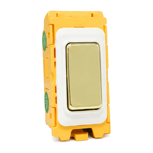 Grid-IT Front Loading 20AX 2 Way Rocker Module Polished Brass and Black/White Bezels