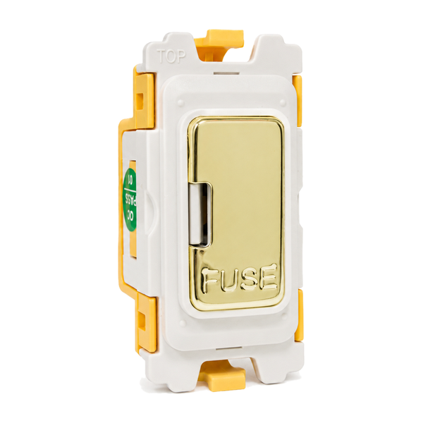 Grid-IT Front Loading 13A Fuse Polished Brass and White Bezel