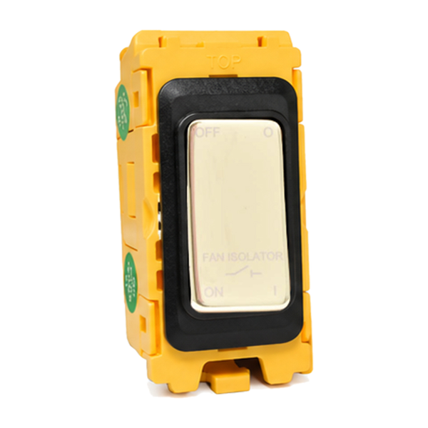 Grid-IT Front Loading 10A Triple Pole Rocker Module Polished Brass and Black/White Bezels